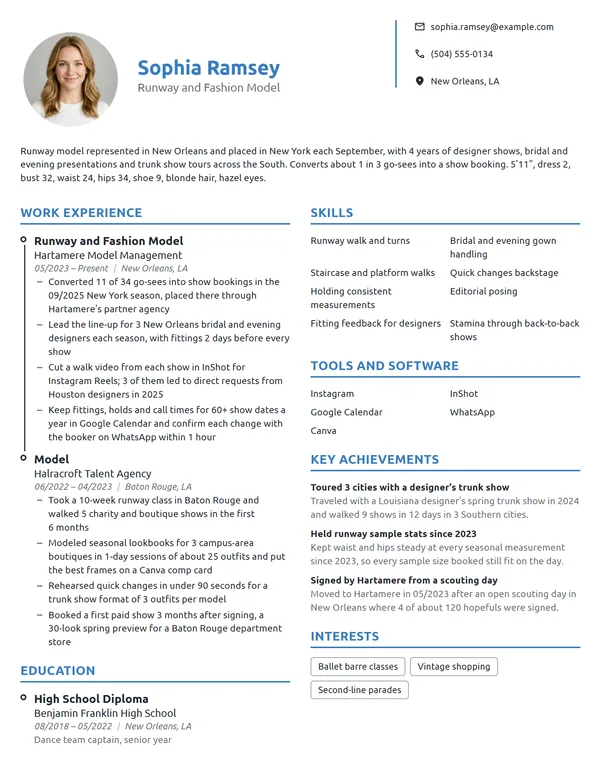 Runway Model resume example