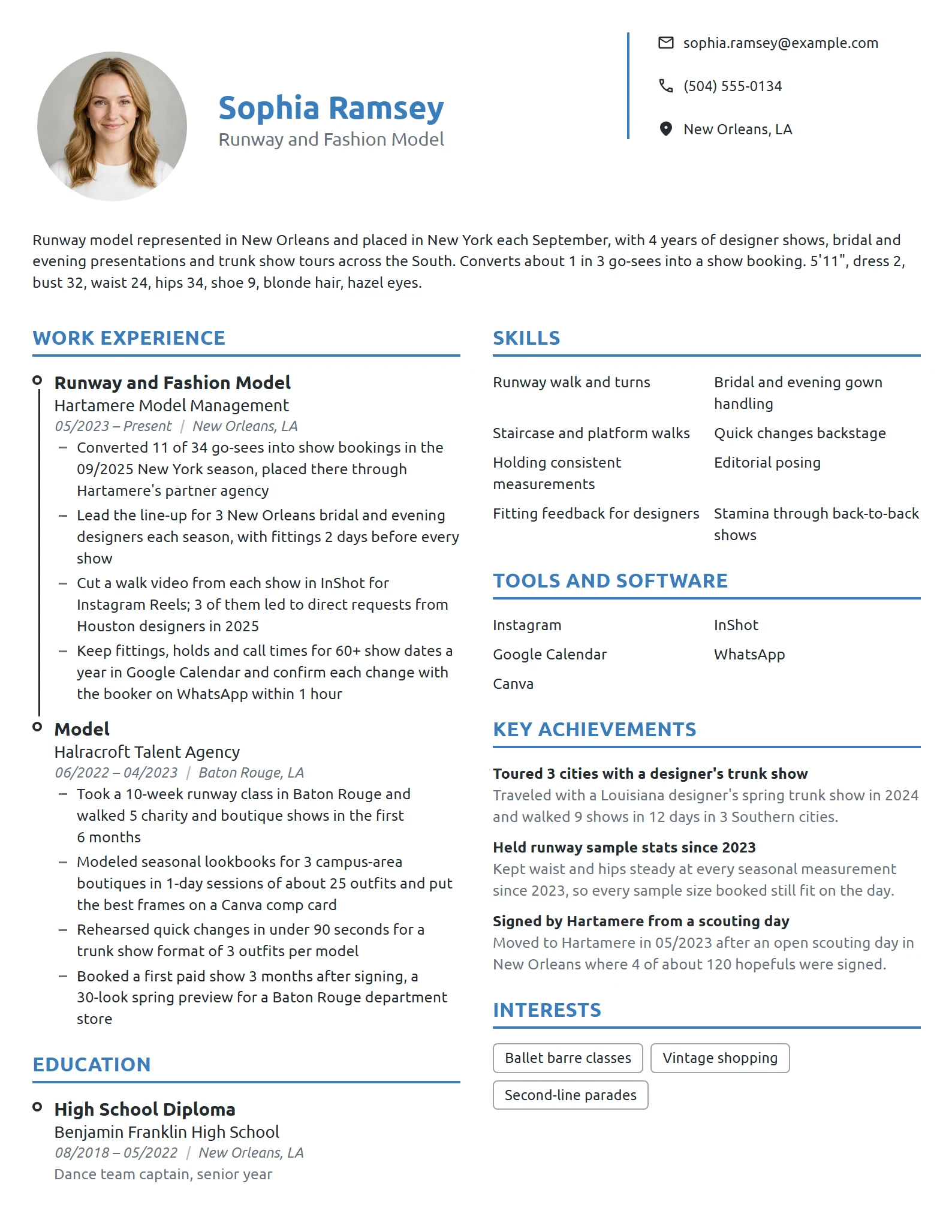 Runway Model resume example