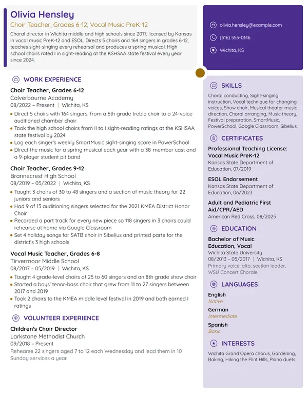 Choir Teacher resume example
