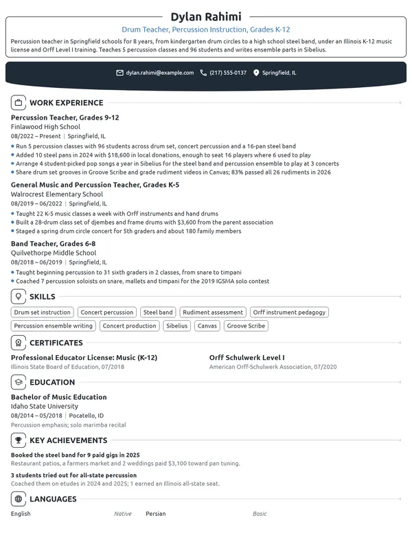 Drum Teacher resume example