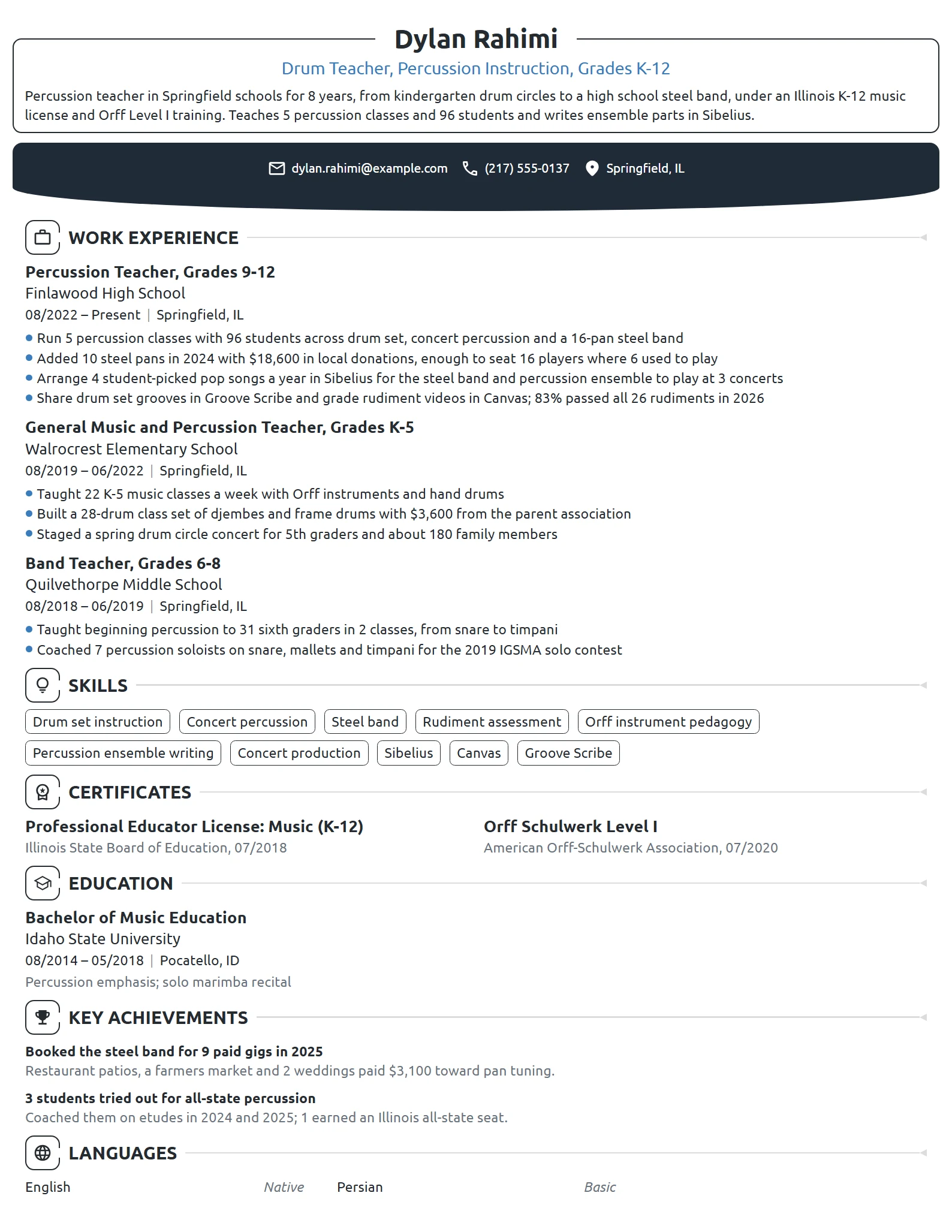 Drum Teacher resume example