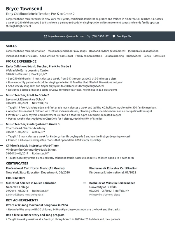 Early Childhood Music Teacher resume example