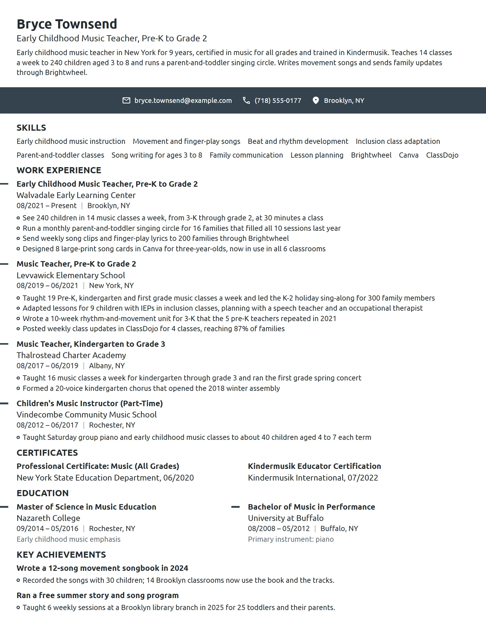 Early Childhood Music Teacher resume example
