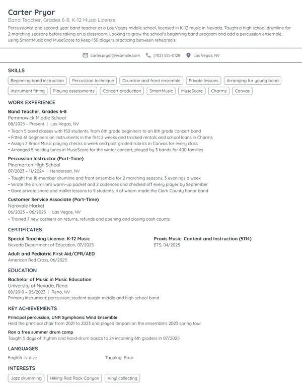 Entry-Level Music Teacher resume example