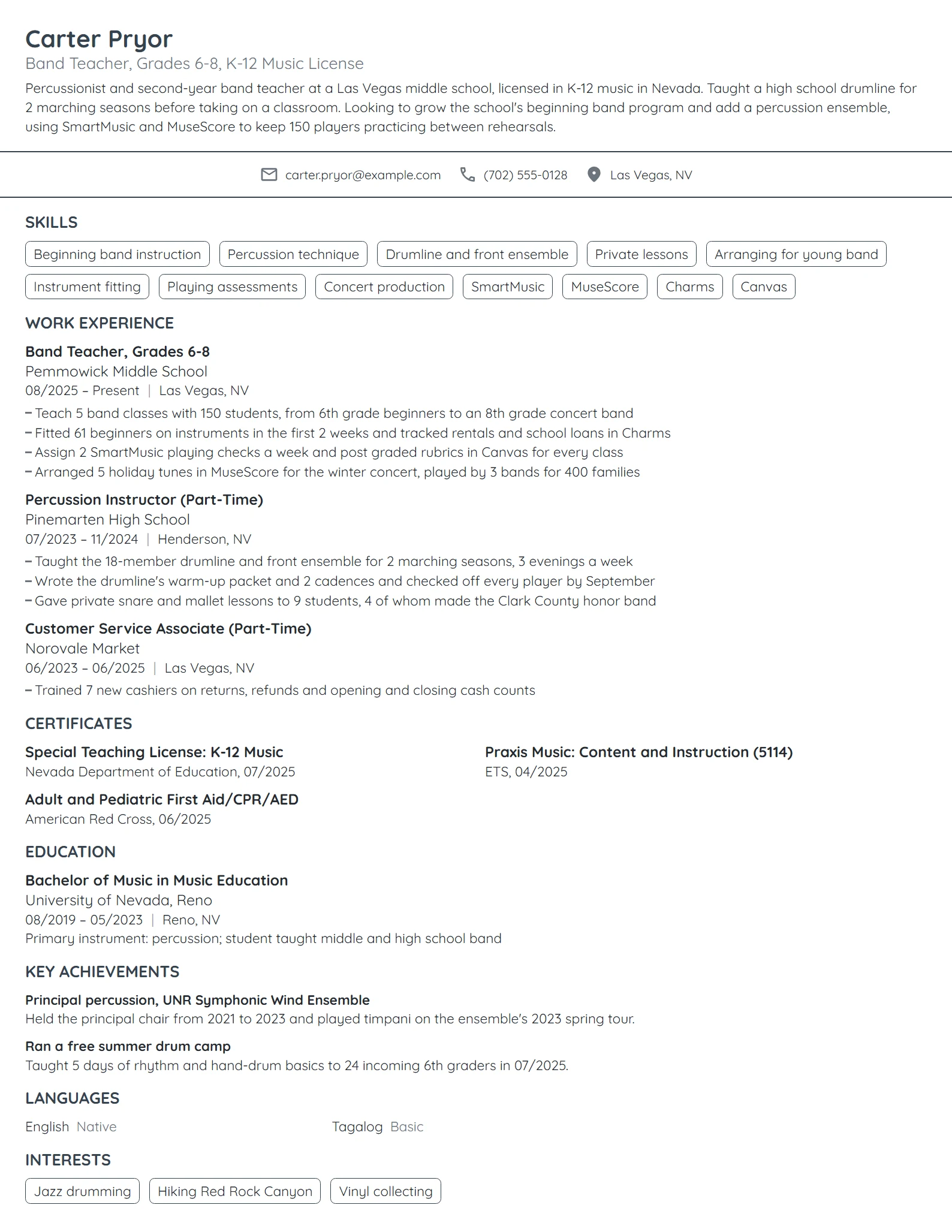 Entry-Level Music Teacher resume example