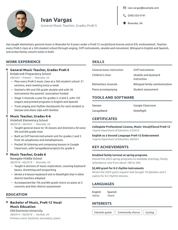 General Music Teacher resume example