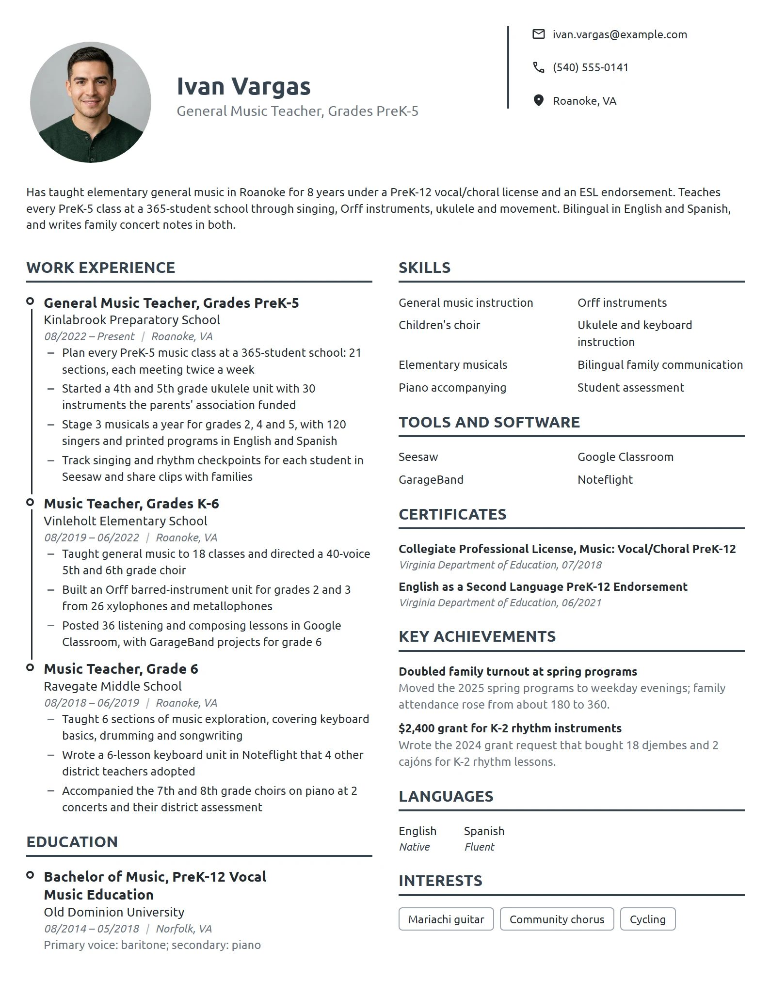General Music Teacher resume example