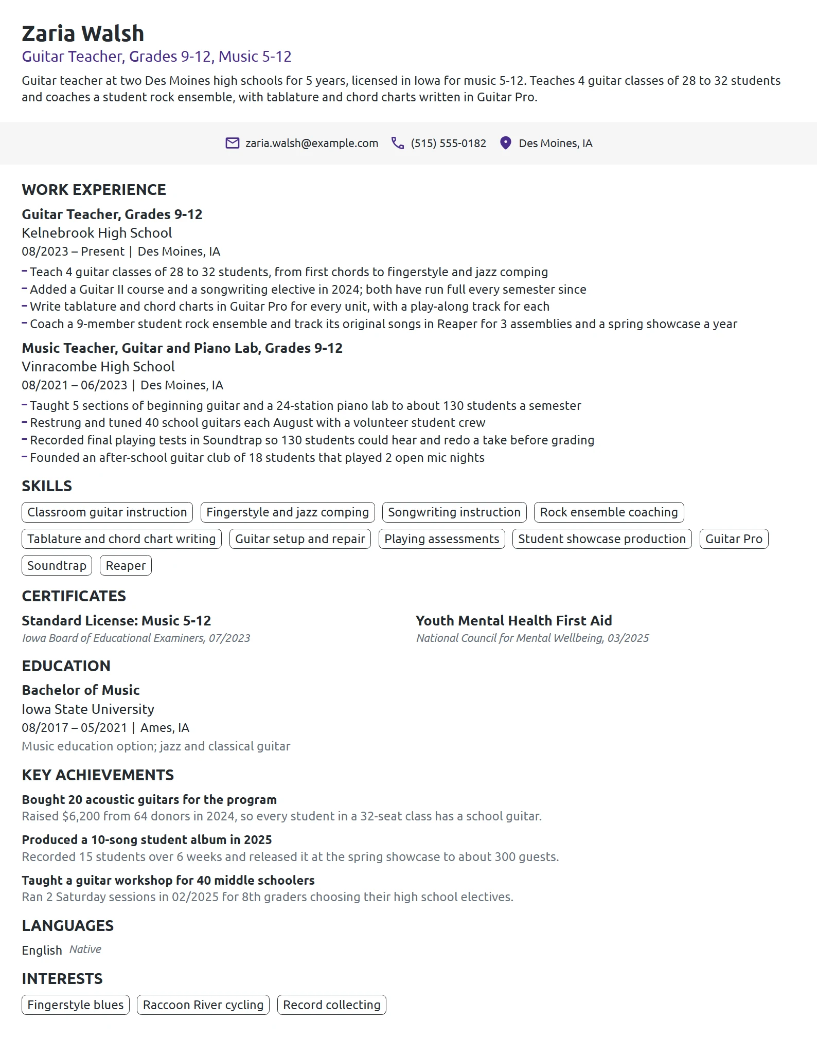 Guitar Teacher resume example
