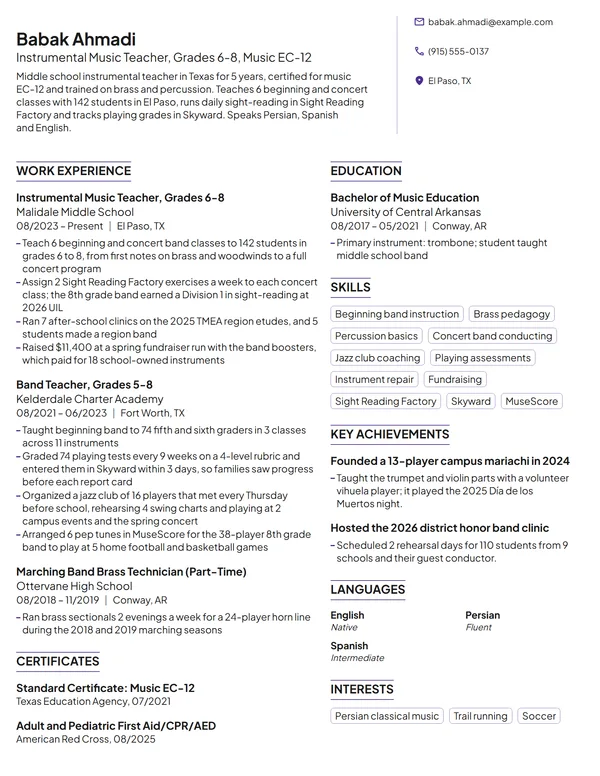 Instrumental Music Teacher resume example