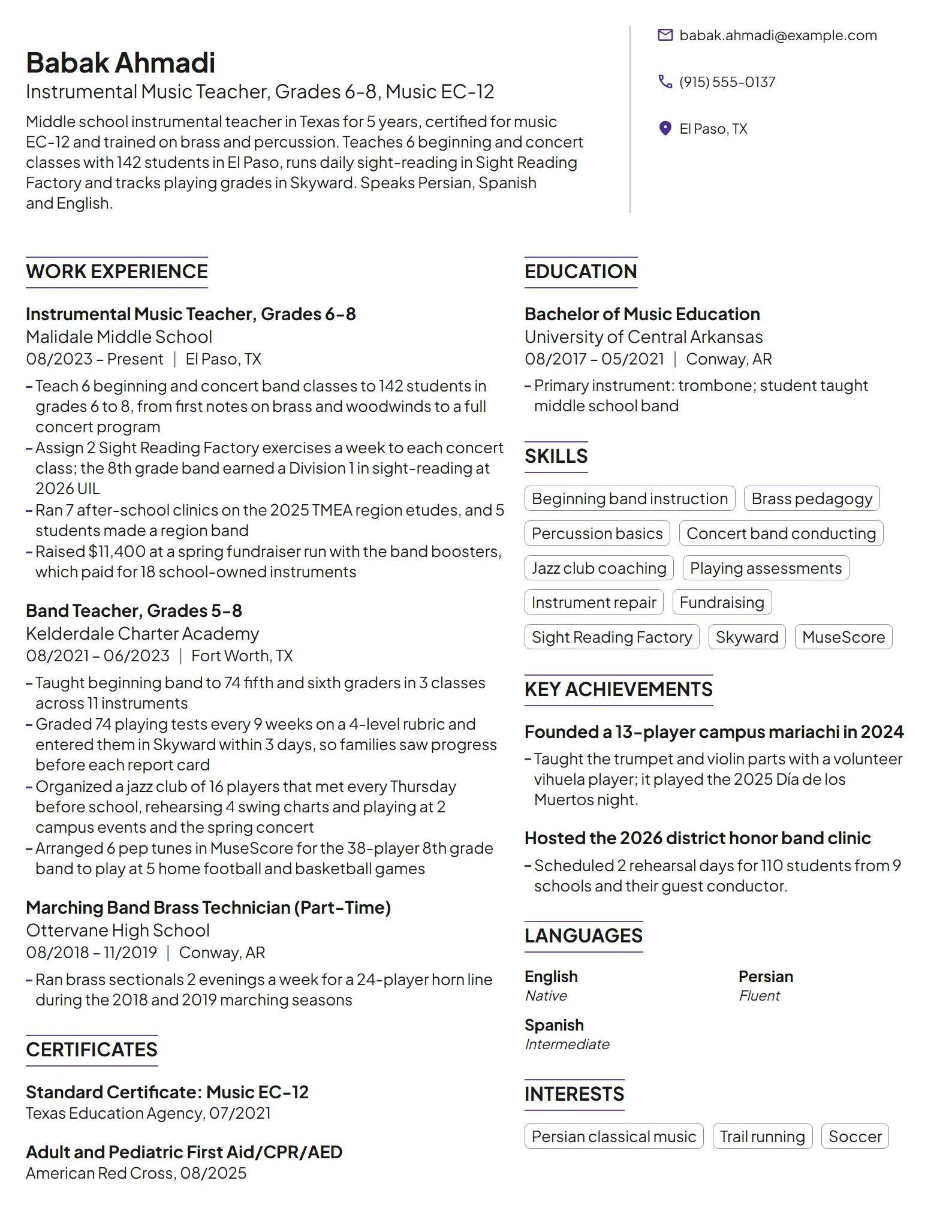 Instrumental Music Teacher resume example
