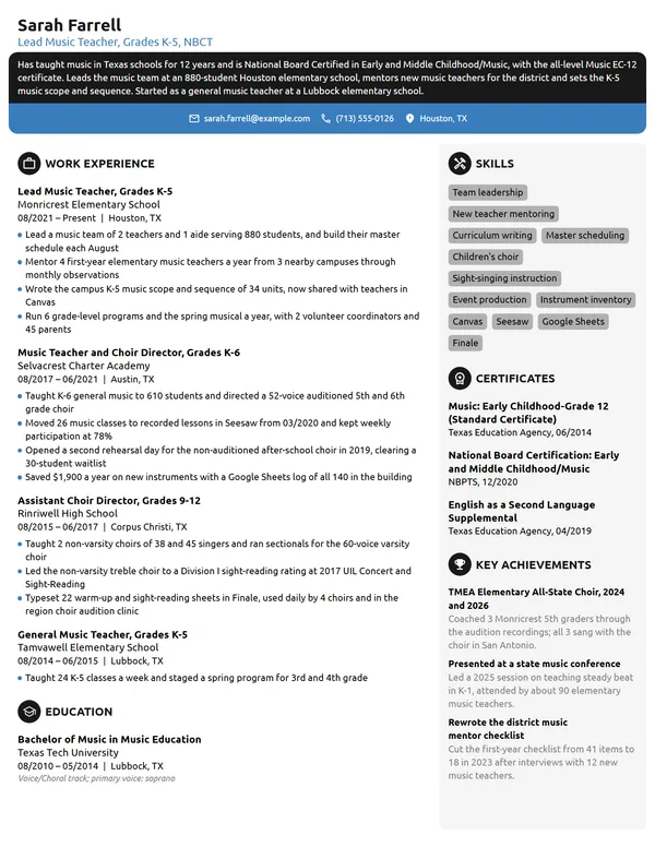 Lead Music Teacher resume example