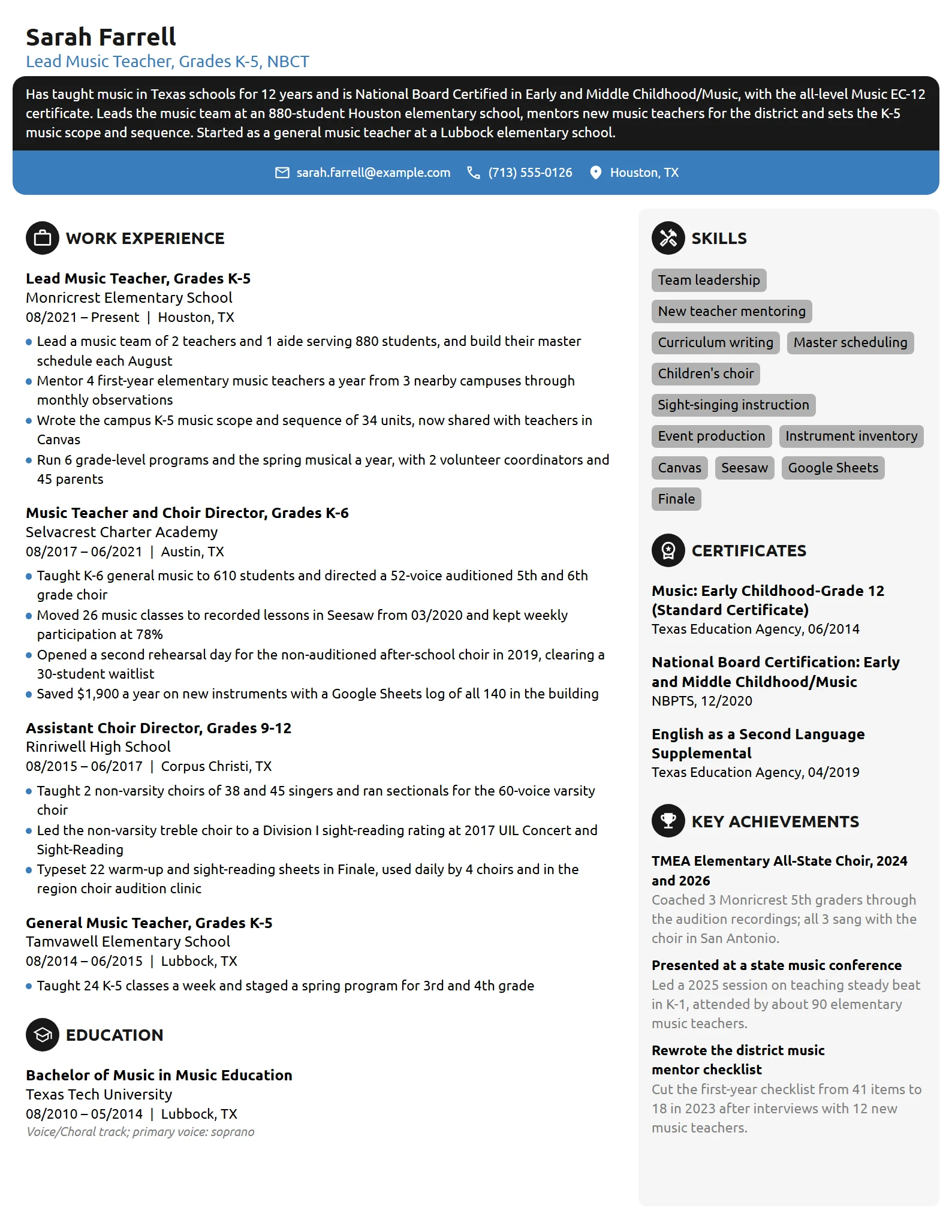 Lead Music Teacher resume example