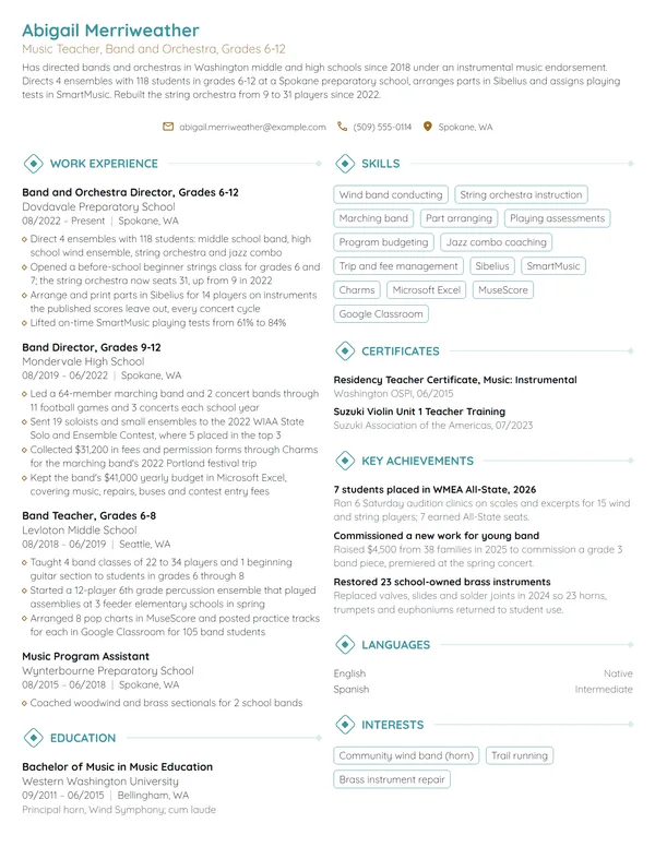 Music Teacher resume example