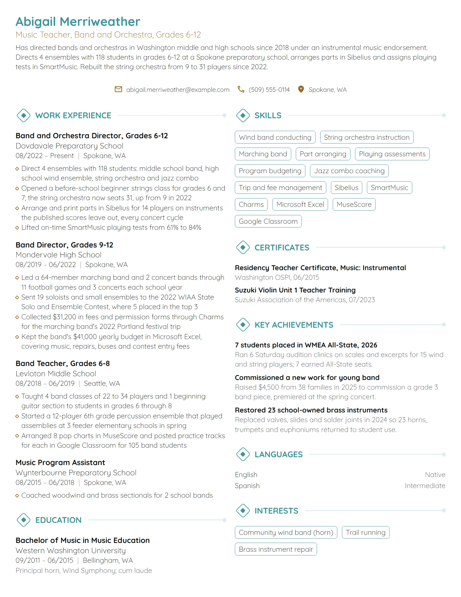 Music Teacher resume example