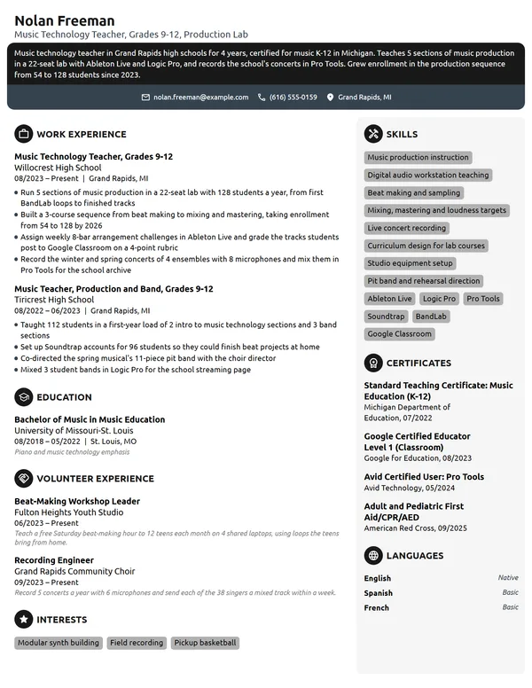 Music Technology Teacher resume example