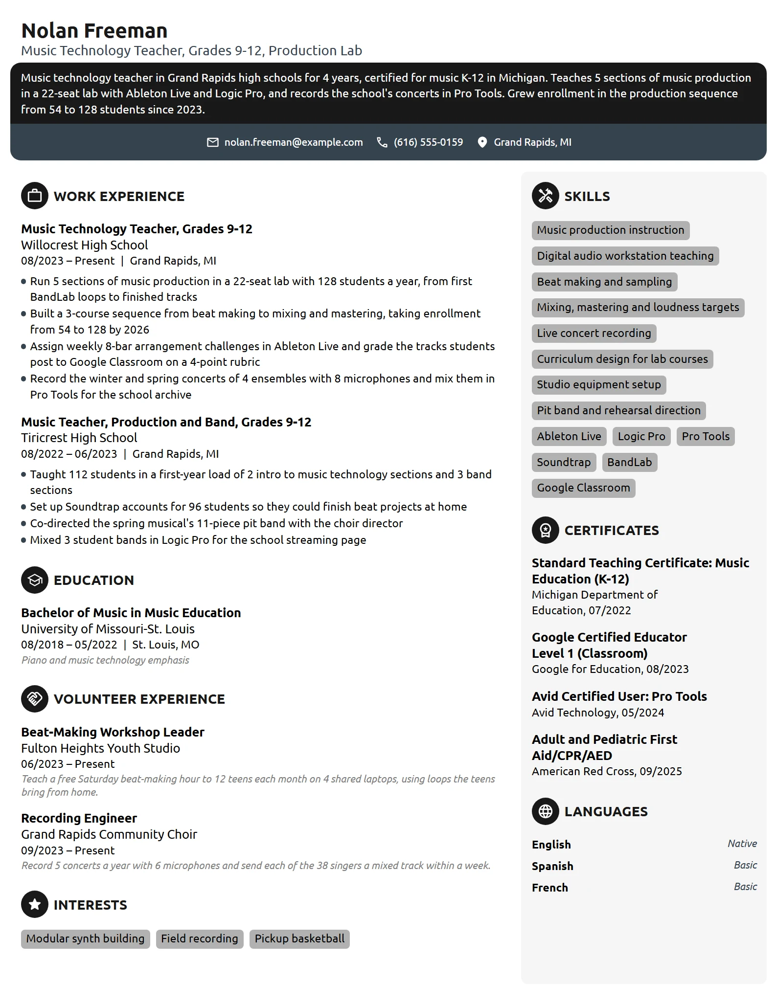 Music Technology Teacher resume example