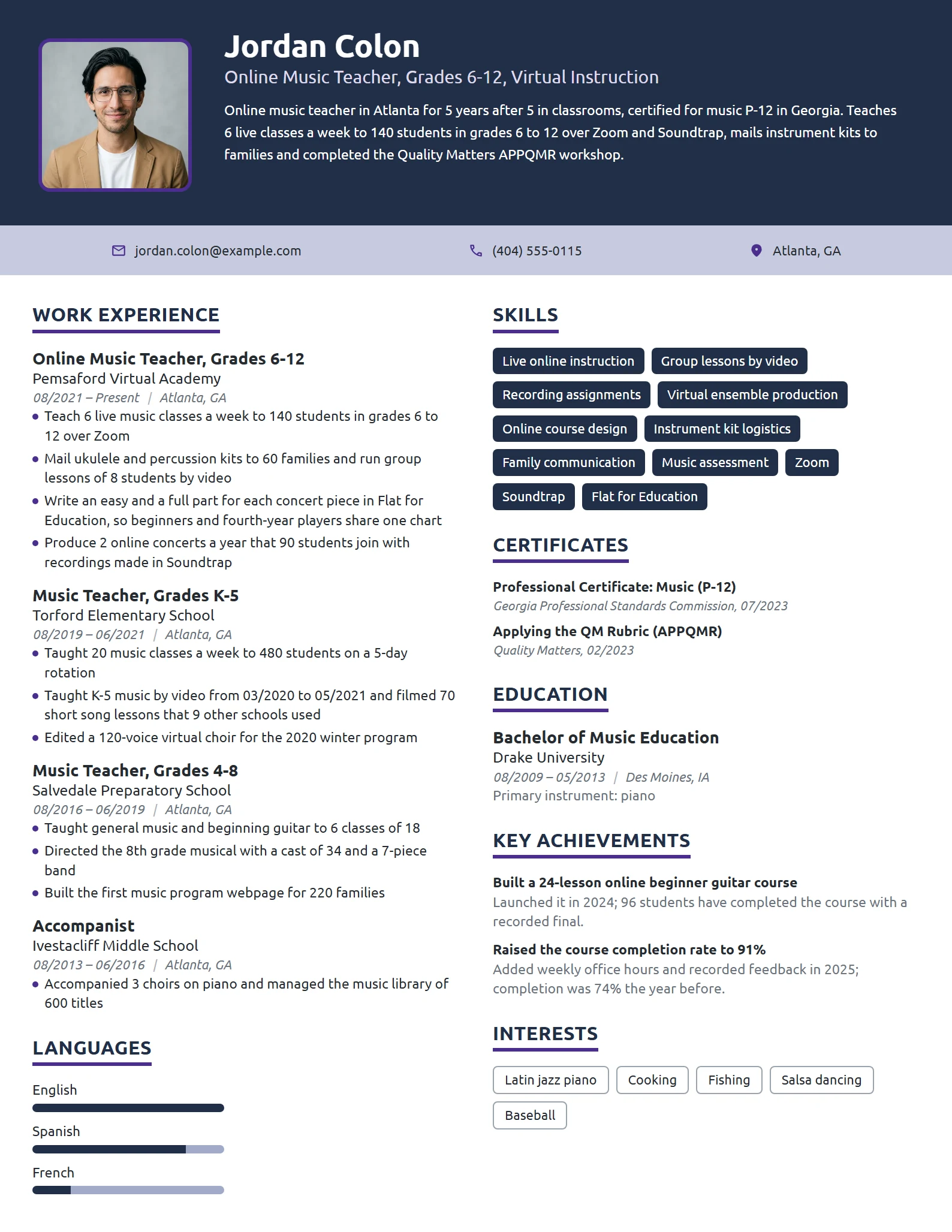 Online Music Teacher resume example