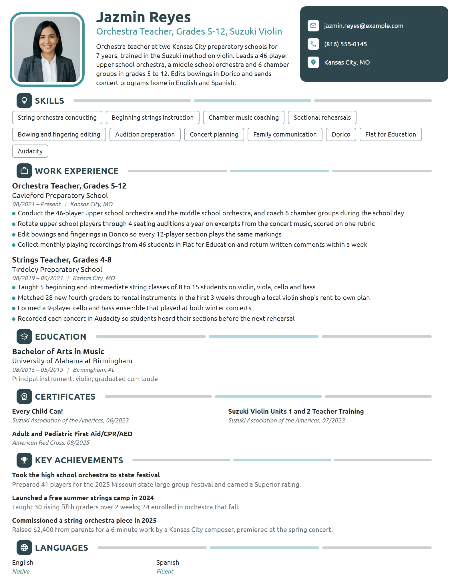 Orchestra Teacher resume example