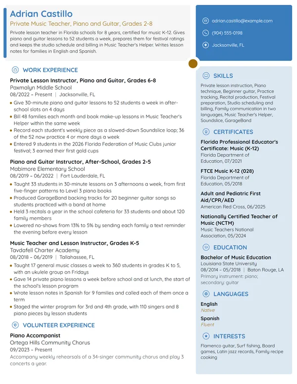 Private Music Teacher resume example