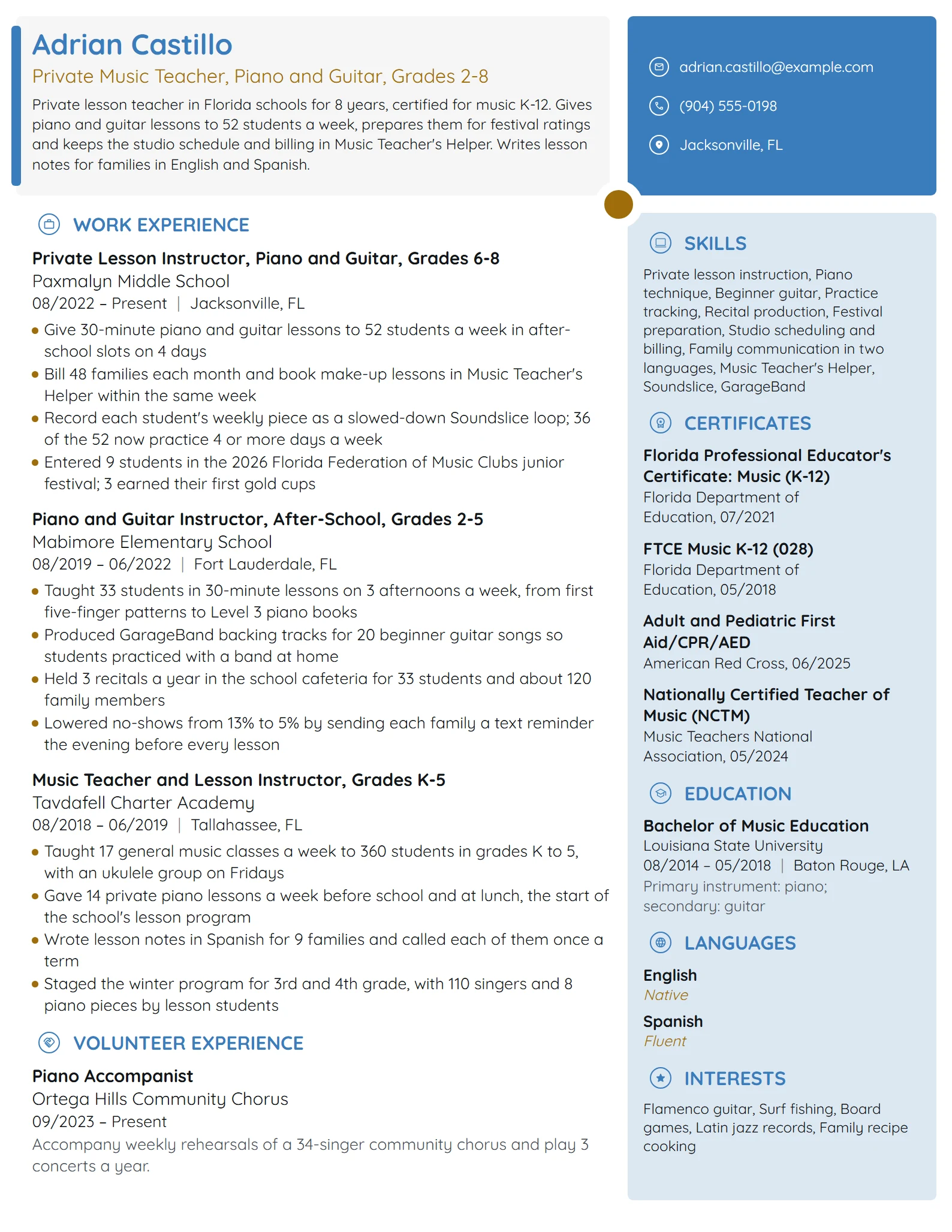 Private Music Teacher resume example