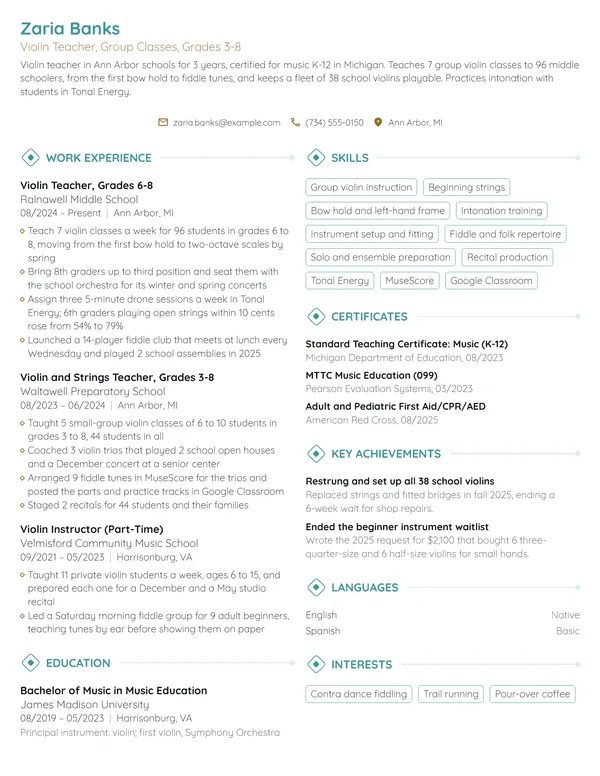 Violin Teacher resume example