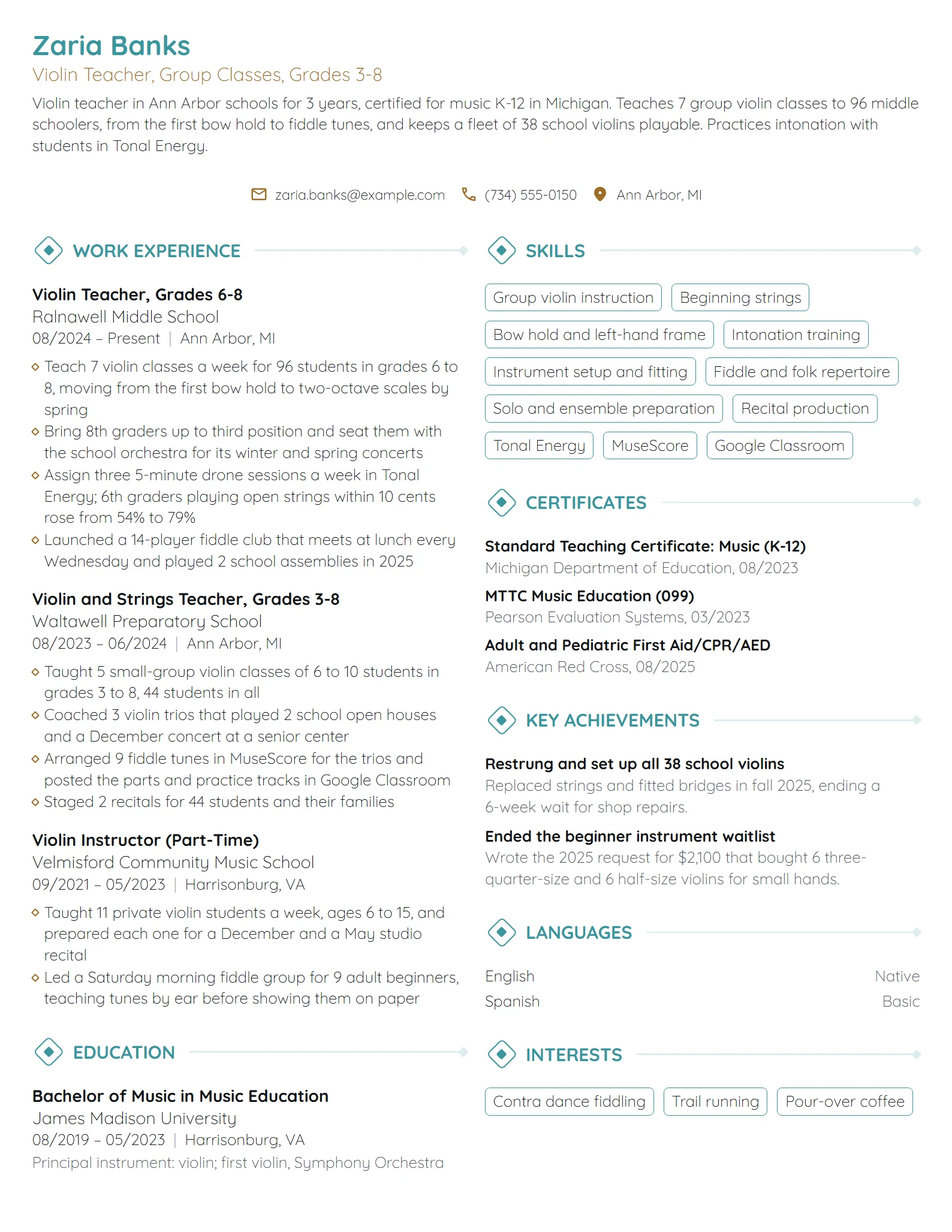 Violin Teacher resume example