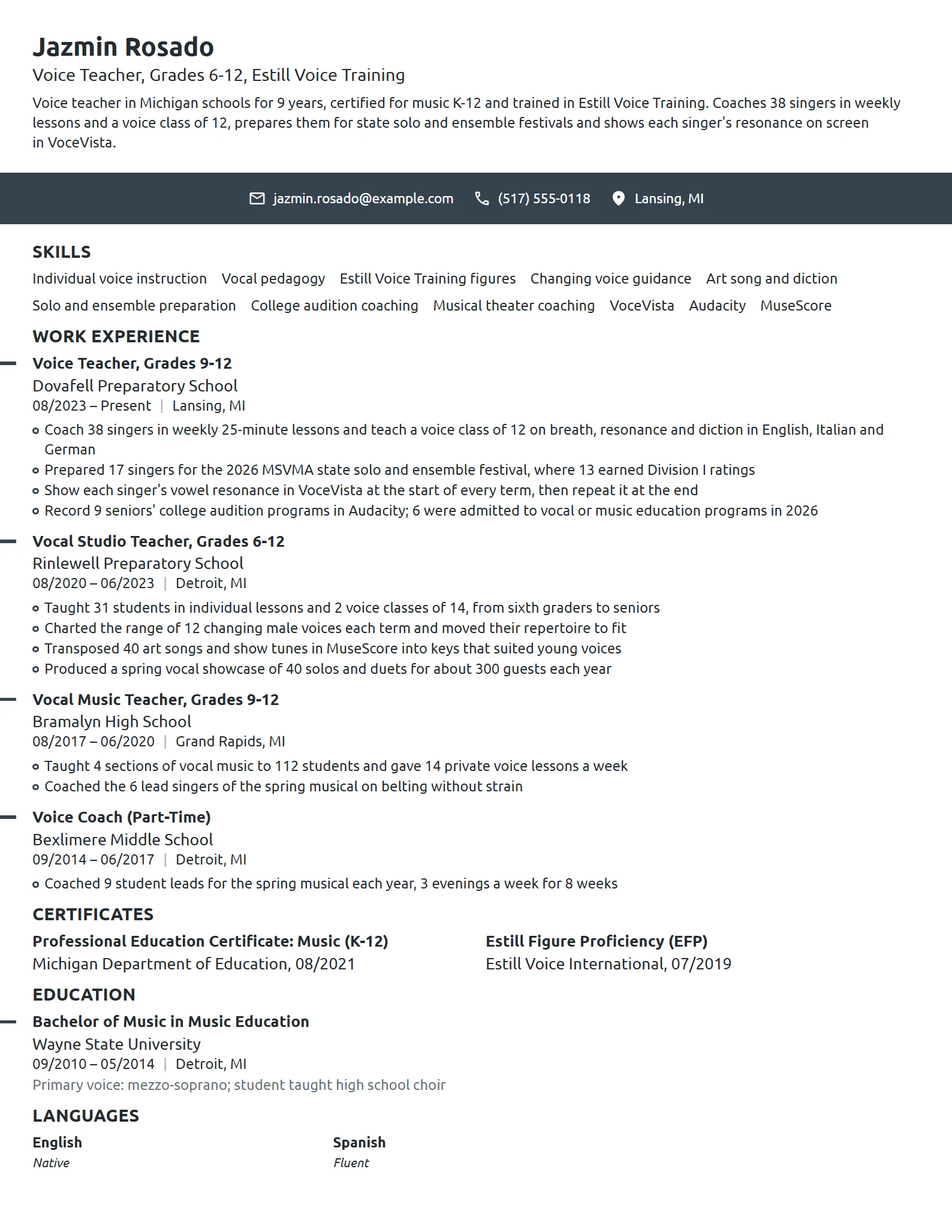 Voice Teacher resume example