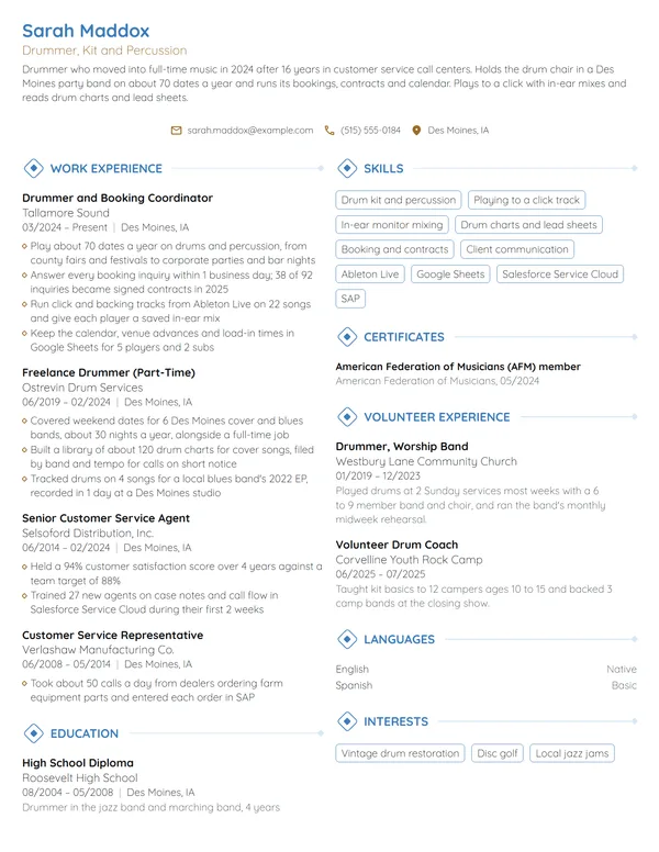 Career Change Musician resume example