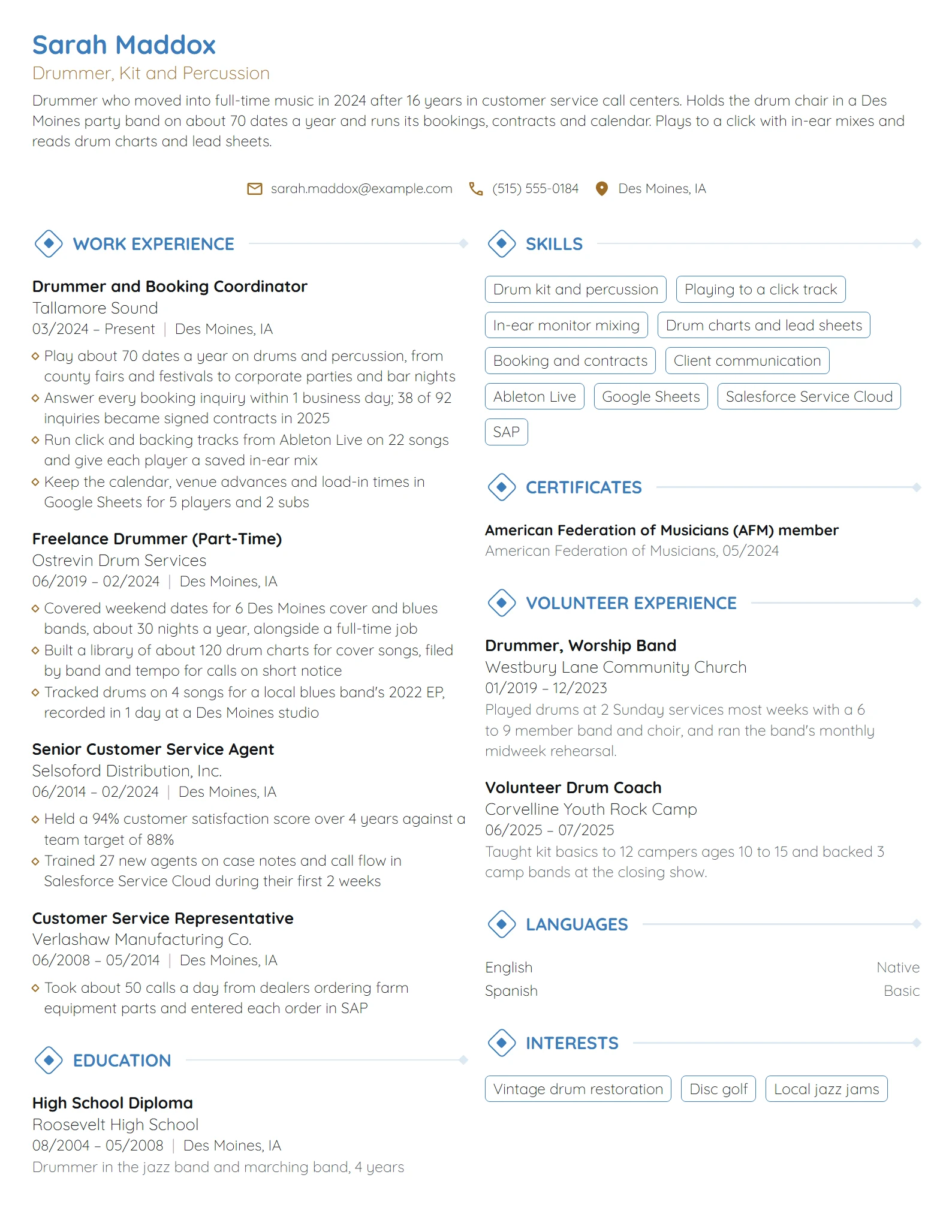 Career Change Musician resume example