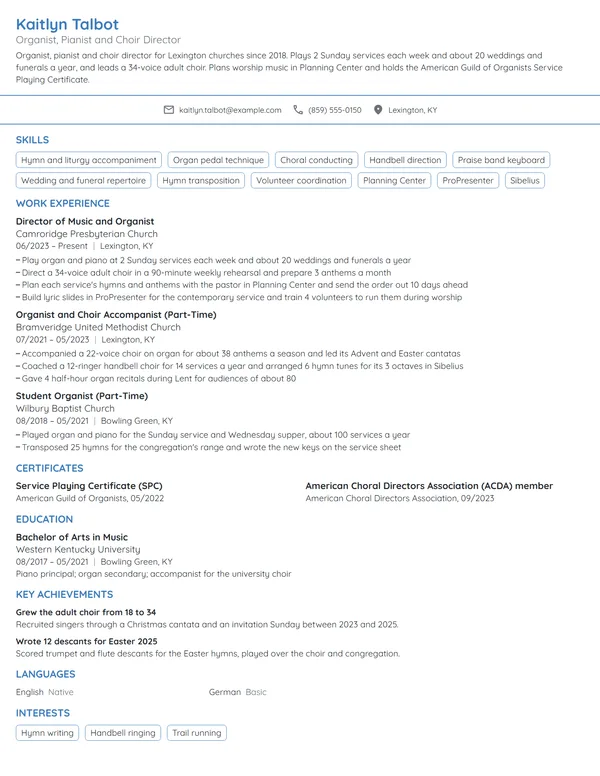Church Musician resume example