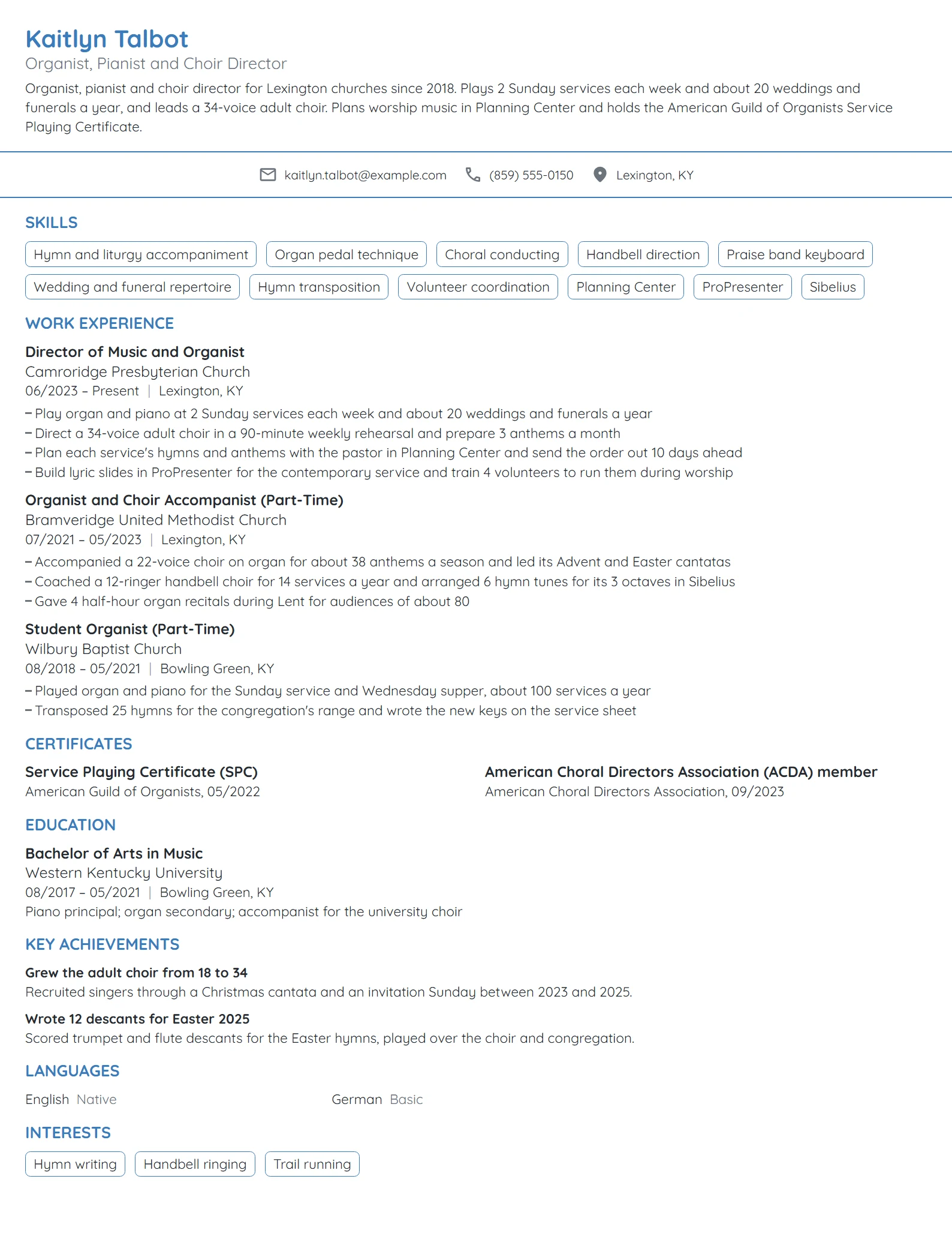 Church Musician resume example