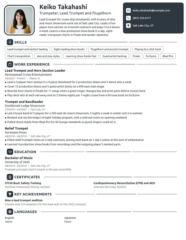 Cruise Ship Musician resume example