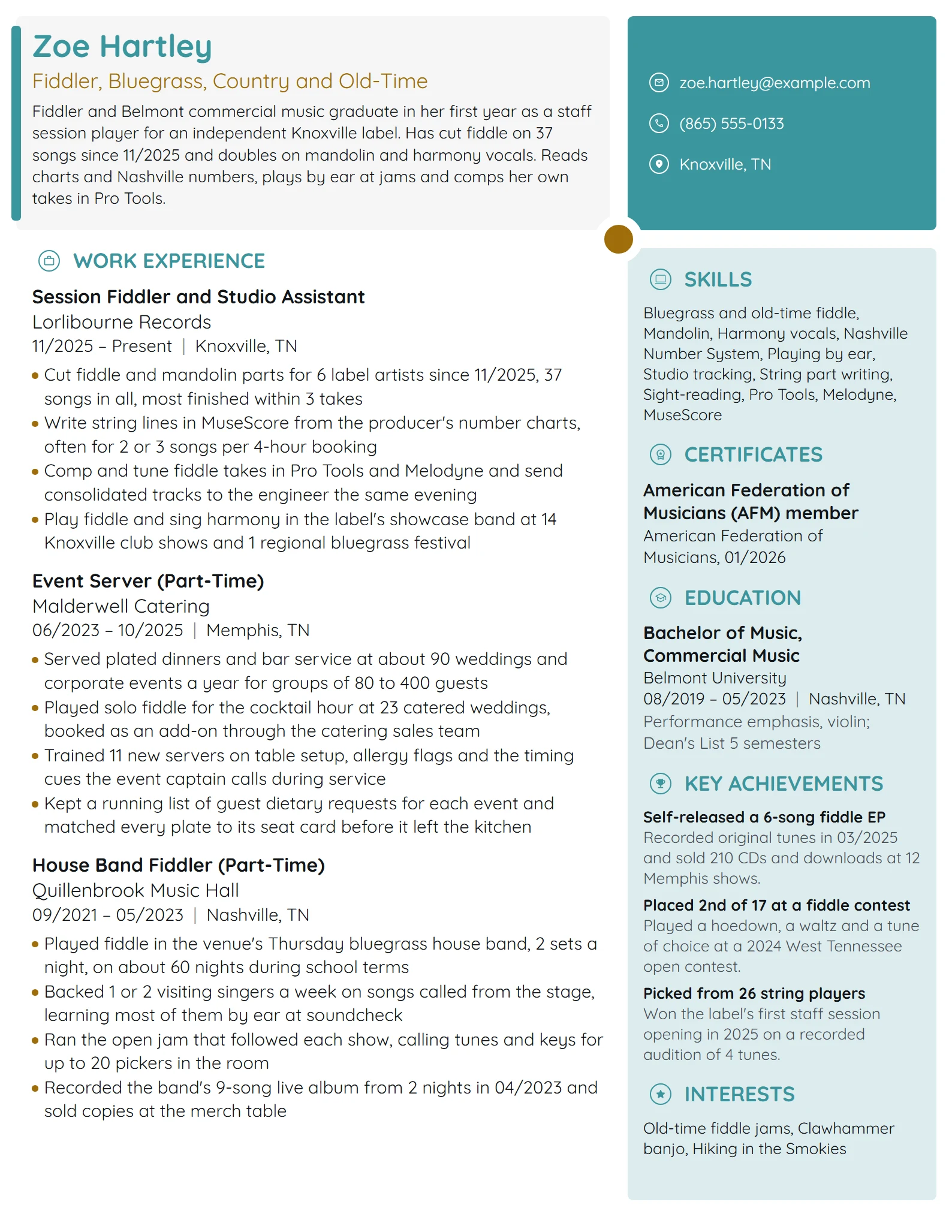 Entry-Level Musician resume example
