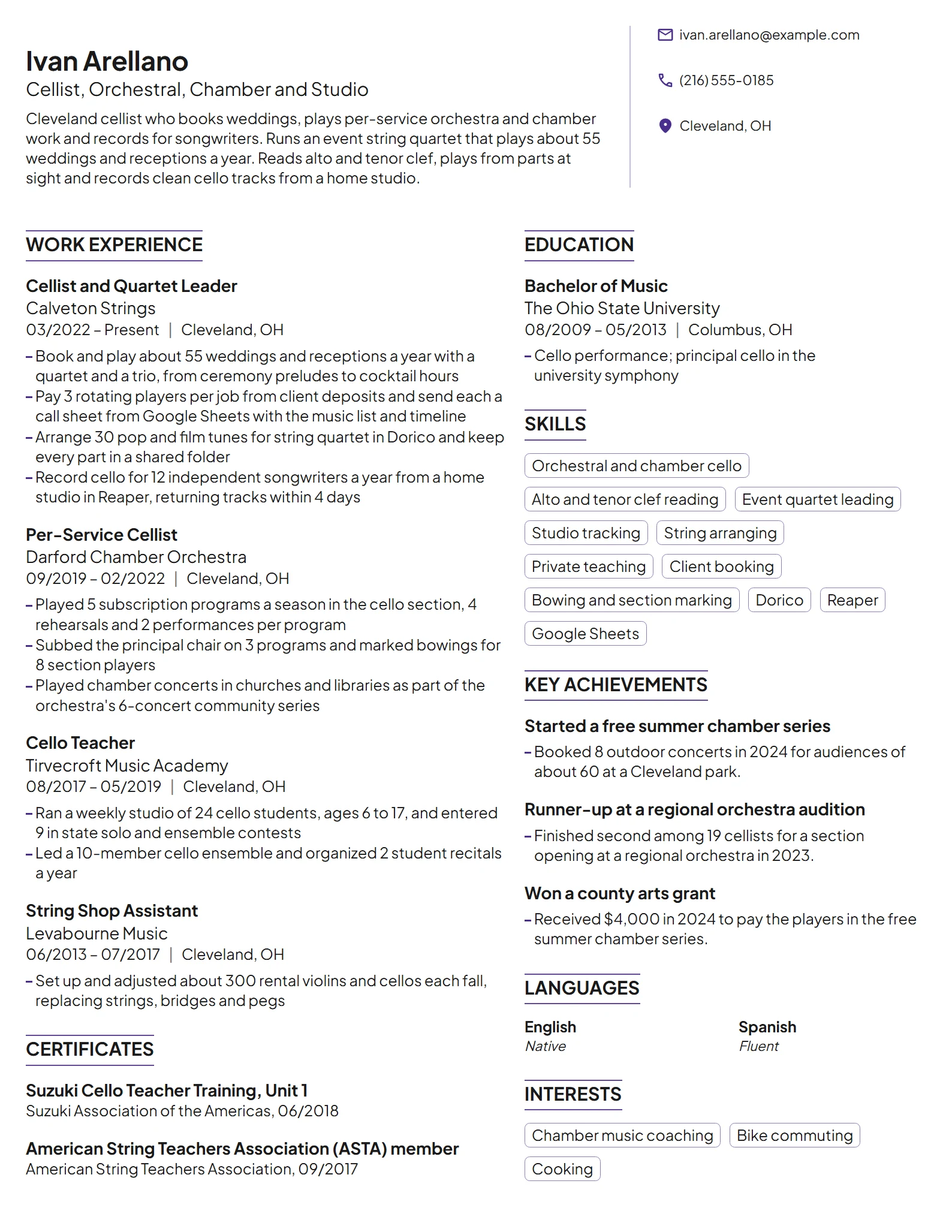 Freelance Musician resume example