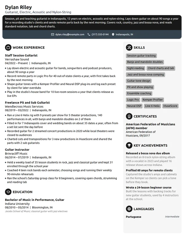 Guitarist resume example