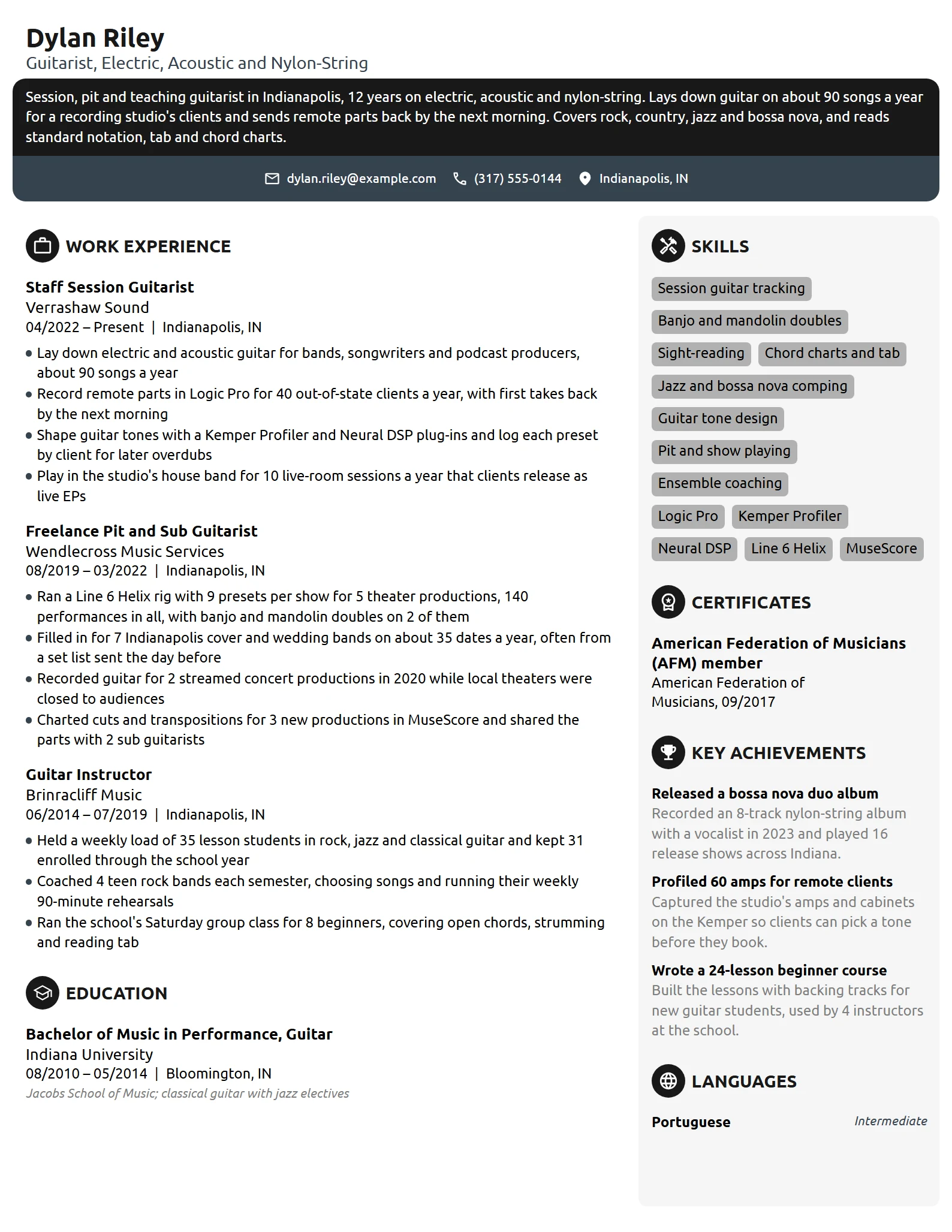 Guitarist resume example