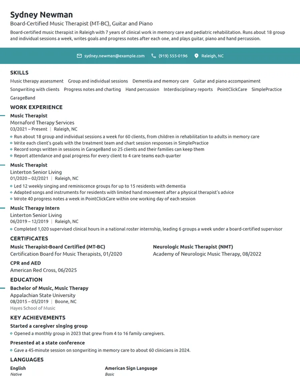 Music Therapist resume example