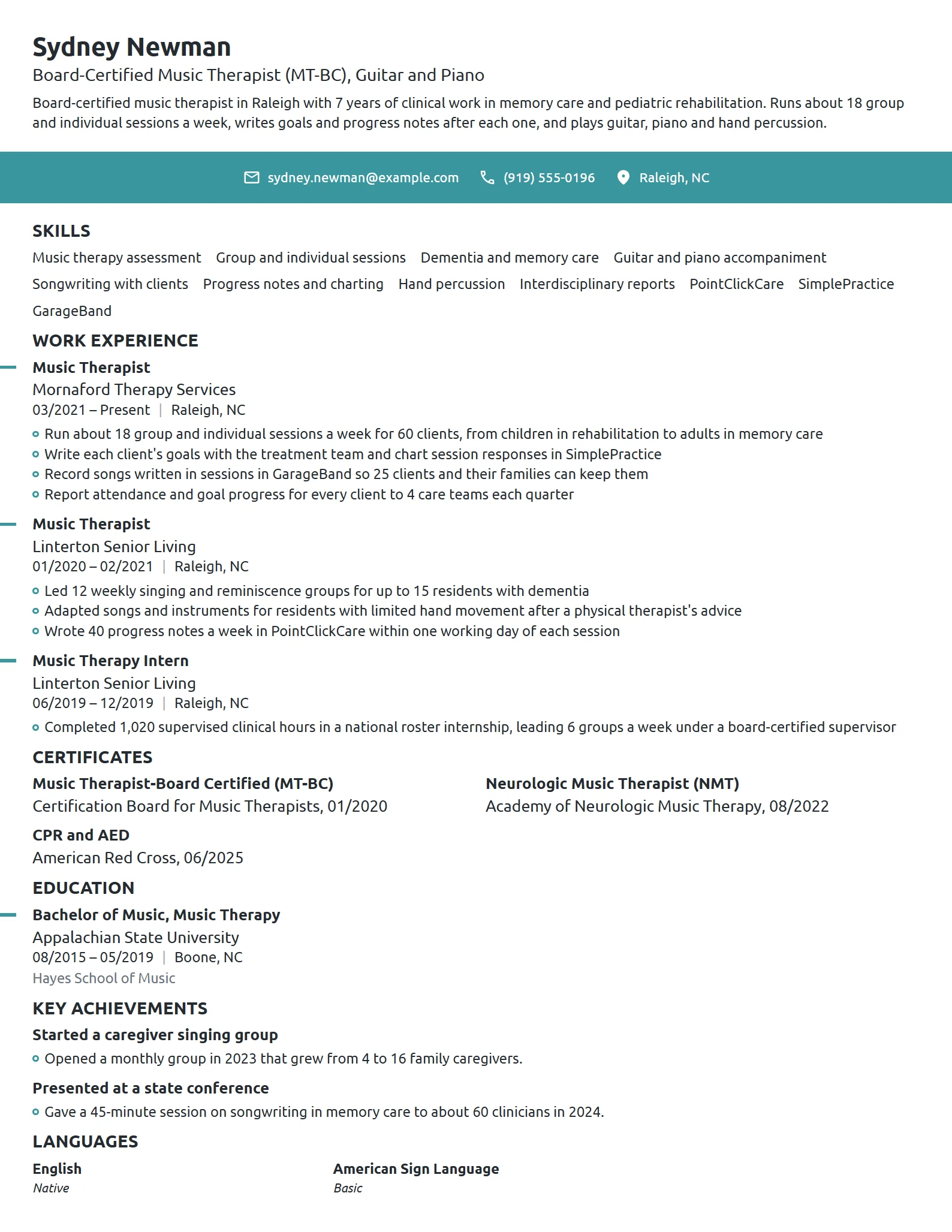 Music Therapist resume example