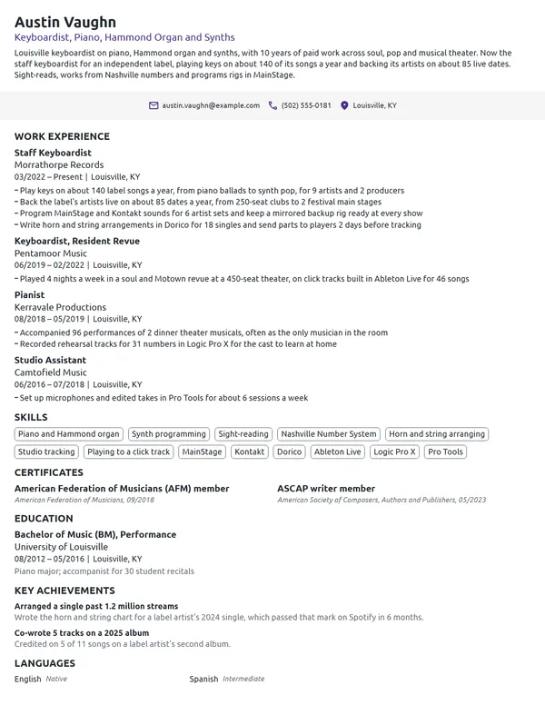Musician resume example