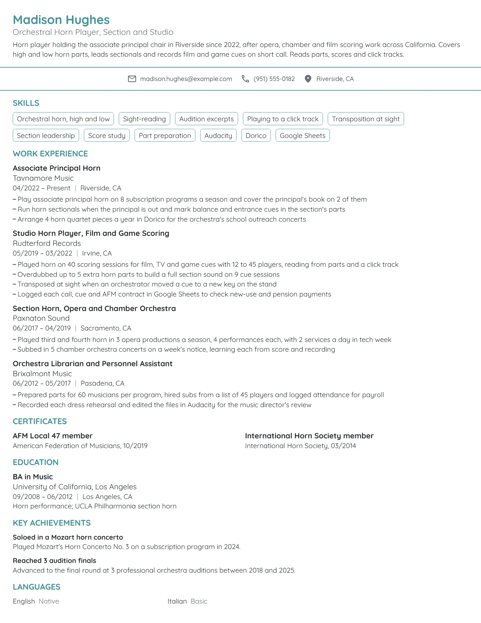 Orchestra Musician resume example