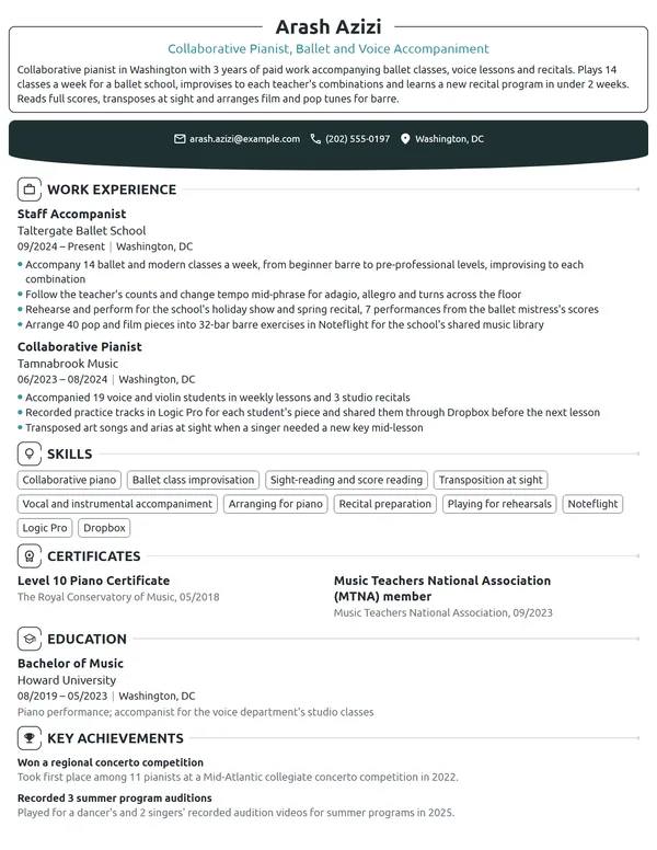 Pianist resume example