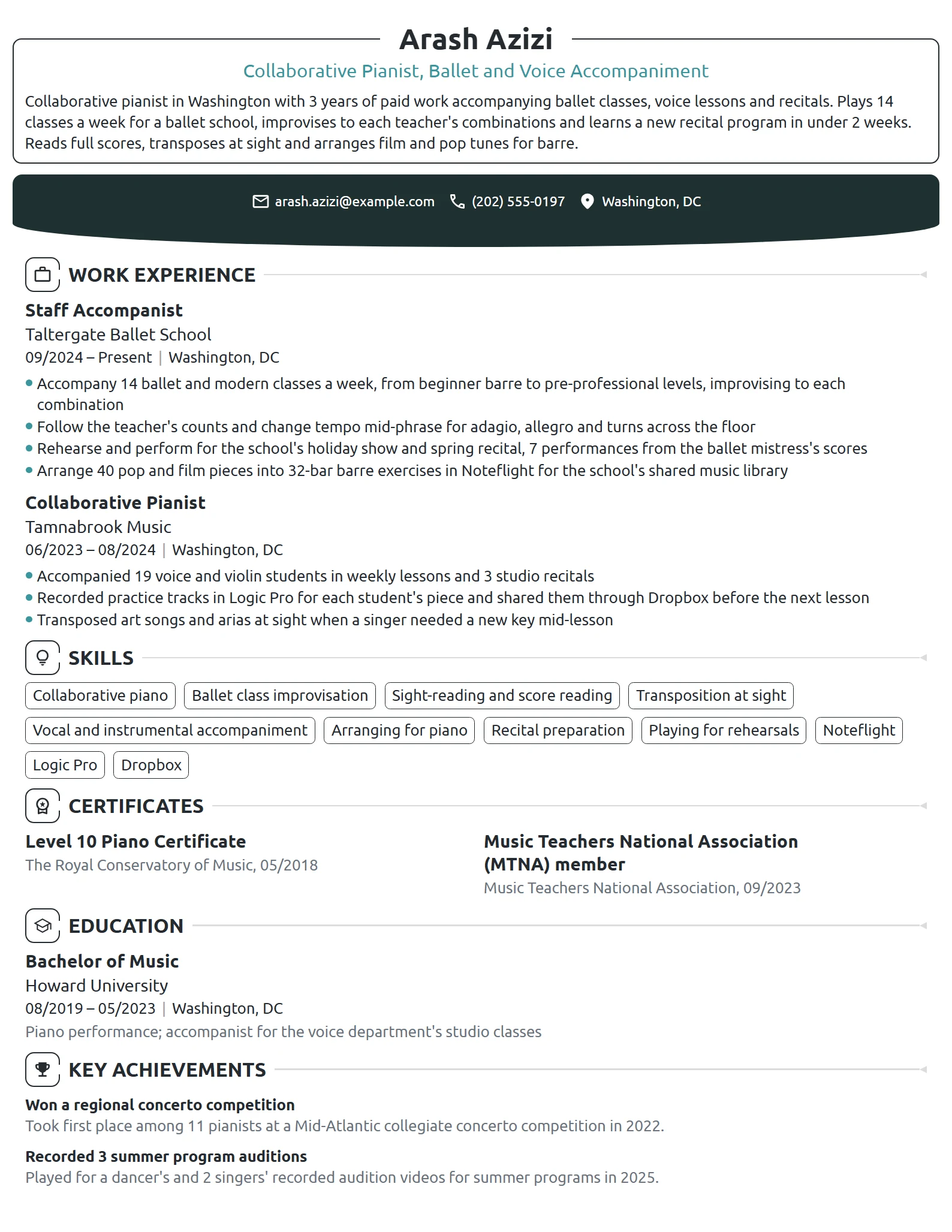 Pianist resume example