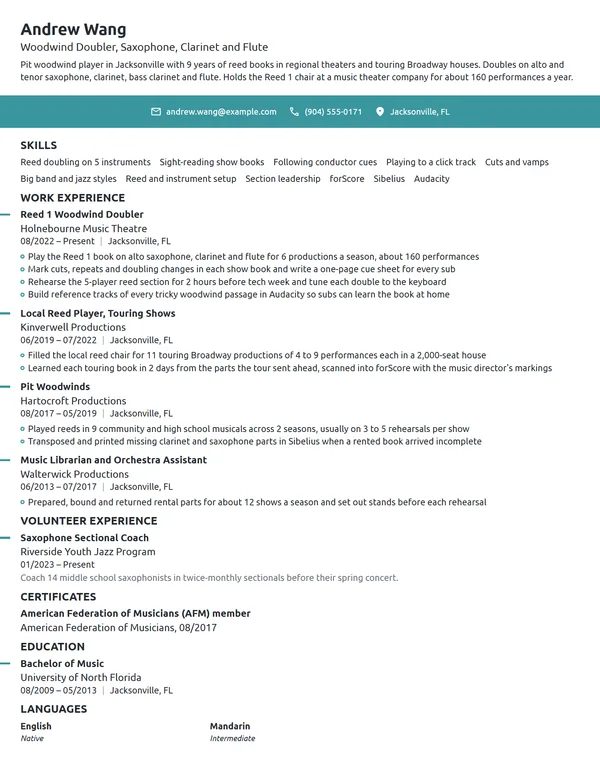 Pit Musician resume example