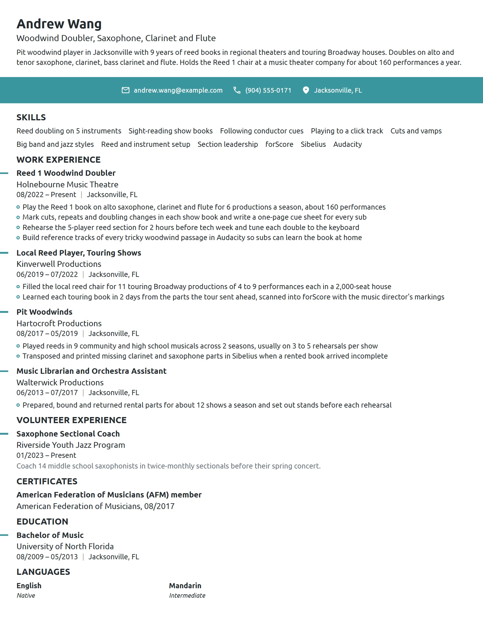 Pit Musician resume example