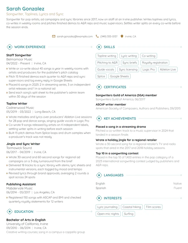 Songwriter resume example