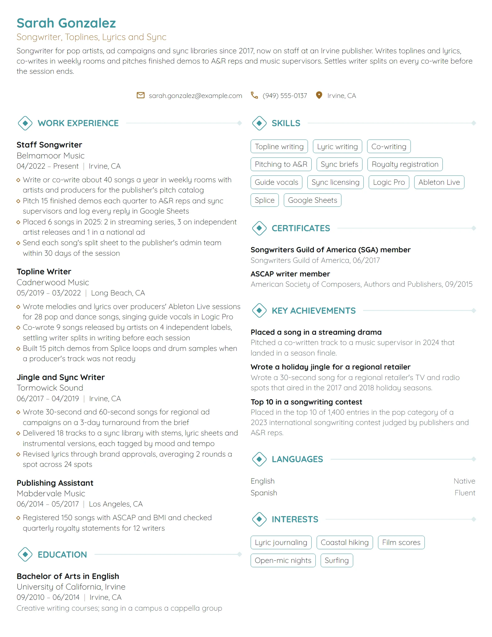 Songwriter resume example