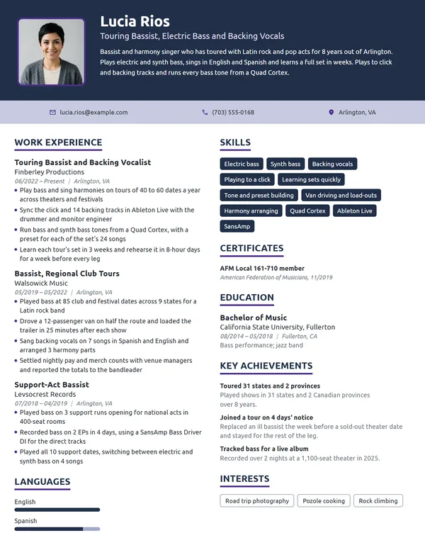 Touring Musician resume example