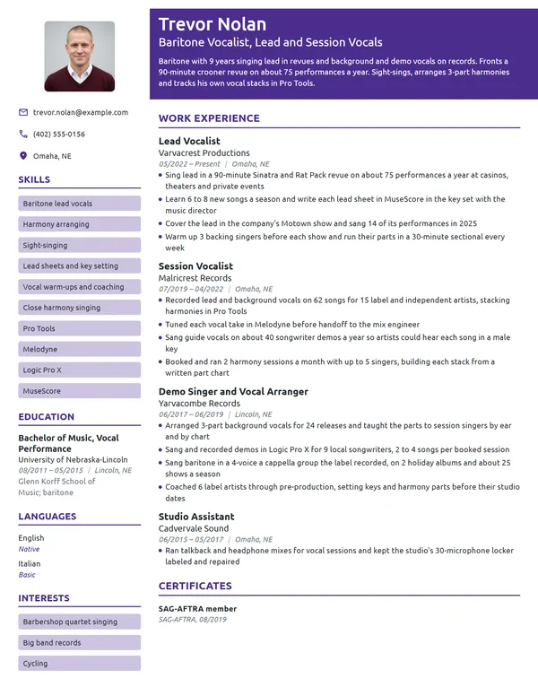 Vocalist resume example