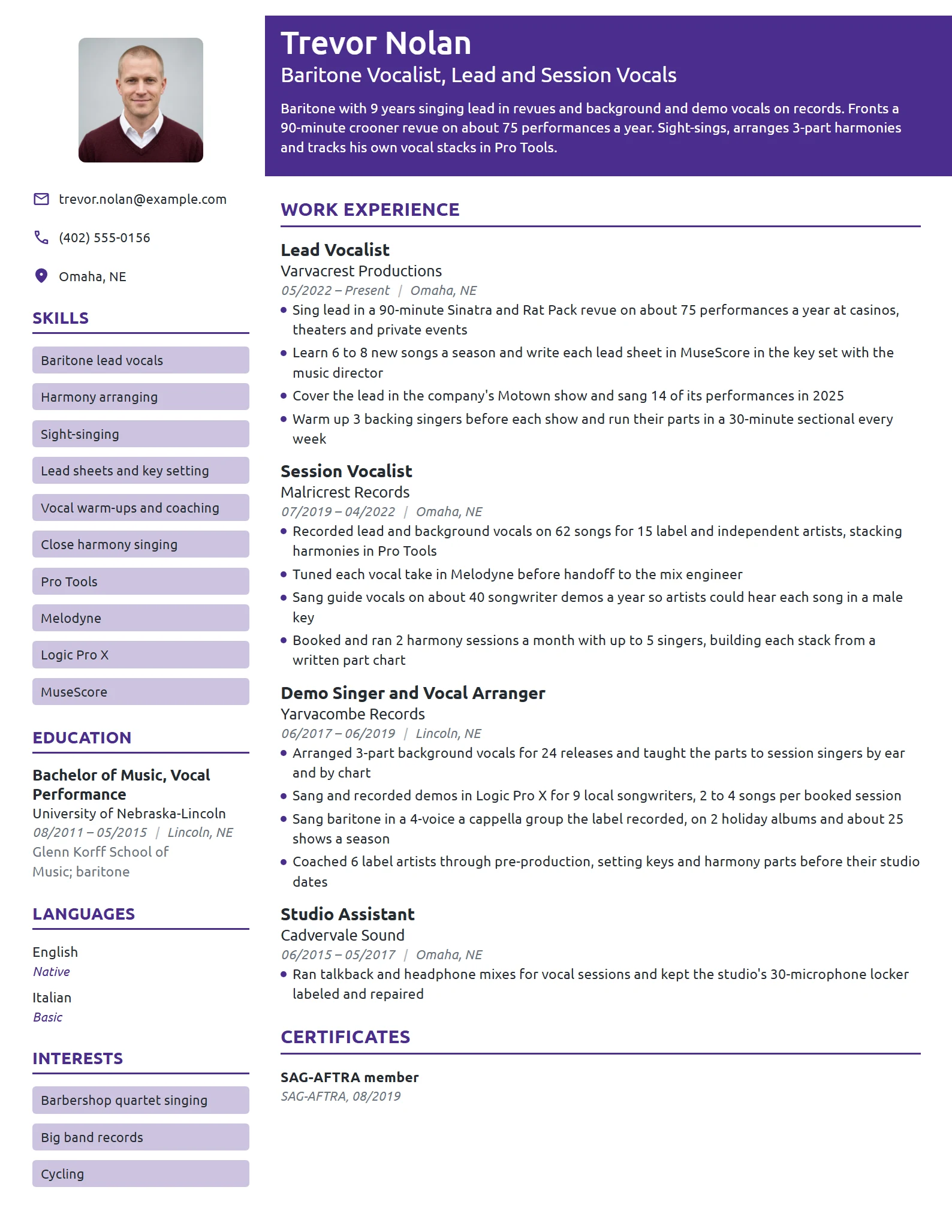 Vocalist resume example