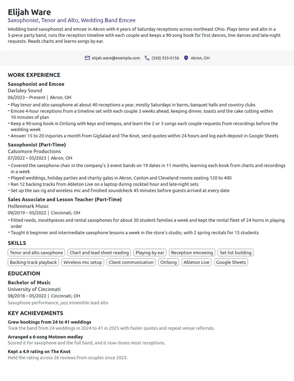 Wedding Band Musician resume example